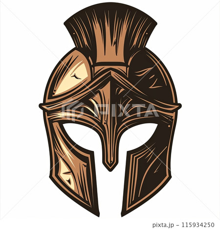 An antique Spartan warrior helmet , golden Greek Helmet, Antiques Roman helmet for head protection soldiers with a crest of feathers, highlighting its ancient craftsmanship and imposing presence 115934250