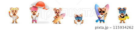 Funny cute dogs in swimming suit and sunglasses holding umbrella and beach ball Funny cute dogs in swimming suit and sunglasses holding umbrella and beach ball 115934262