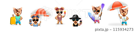 Funny cute dogs in swimming suit and sunglasses holding umbrella and beach ball 115934273