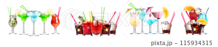 Different alcohol cocktails like beer, martini, soda, champagne, whiskey 115934315