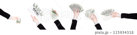 Businessman's hands with dollars isolated 115934318
