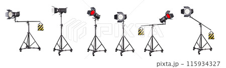 Photography studio flash on a lighting stand isolated on white background. Photography studio flash on a lighting stand isolated on white background. 115934327