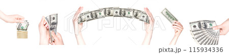 Hand giving money to other hand isolated on white background Hand giving money to other hand isolated on white background 115934336