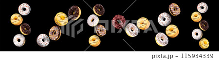 Set of flying glazed donuts with sprinkles on a black background Set of flying glazed donuts with sprinkles on a black background 115934339