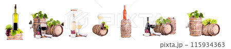 Wine bottles and glasses, an assortment of grapes and cheese isolated on white Wine bottles and glasses, an assortment of grapes and cheese isolated on white 115934363