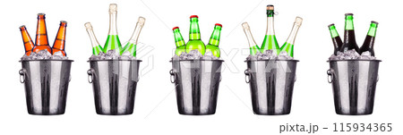 Champagne and beer bottle in a bucket with ice isolated on the white 115934365