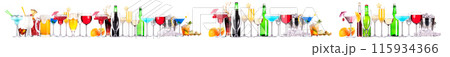 Different alcohol cocktails like beer, martini, soda, champagne, whiskey 115934366
