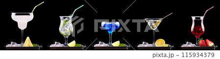 Different alcohol cocktails like beer, martini, soda, champagne, whiskey 115934379