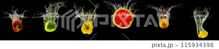 Group of falling fruits and vegetables in water with splash on black background 115934398