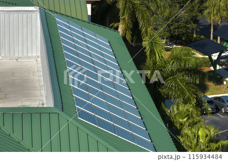 View from above of american condo roof with blue solar photovoltaic panels for producing clean ecological electric energy. Investing in renewable electricity for reducing emissions View from above of american condo roof with blue solar photovoltaic panels for producing clean ecological electric energy. Investing in renewable electricity for reducing emissions 115934484