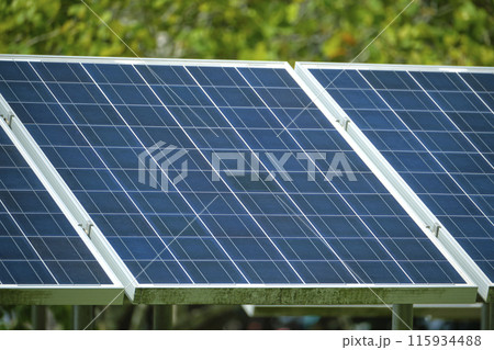 Sustainable electric power plant with solar photovoltaic panels for producing clean electrical energy. Renewable electricity with zero emission concept 115934488