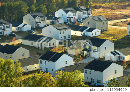 View from above of densely built residential houses in living area in South Carolina. American dream homes as example of real estate development in US suburbs 115934490