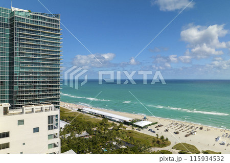 Panoramic view of Miami Beach urban landscape. South Beach high luxurious hotels and apartment buildings 115934532
