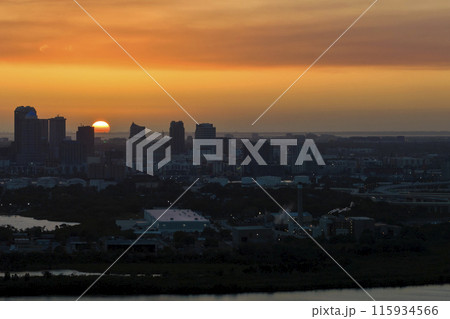 Urban sunset landscape of downtown district of Tampa city in Florida, USA. Dramatic skyline with high skyscraper buildings in modern american megapolis 115934566