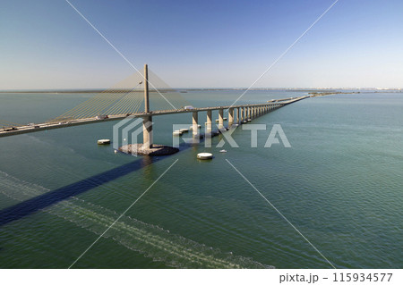 Aerial view of Sunshine Skyway Bridge over Tampa Bay in Florida with moving traffic. Concept of transportation infrastructure Aerial view of Sunshine Skyway Bridge over Tampa Bay in Florida with moving traffic. Concept of transportation infrastructure 115934577