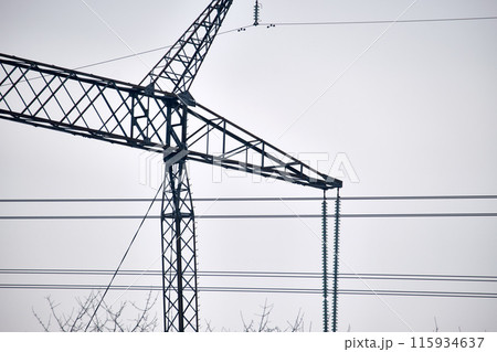 High voltage tower with electric power lines transfening electrical energy through cable wires High voltage tower with electric power lines transfening electrical energy through cable wires 115934637