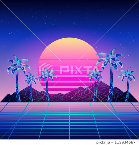 Futuristic neon low poly mountains and palm trees 115934667