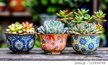 Group of three potted plants sitting on top of wooden table. Group of three potted plants sitting on top of wooden table. 115934749