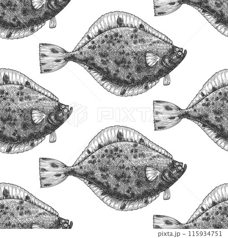 Vintage Style Flounder Seamless Pattern. Vector Hand Drawn Fish Background. High Quality Old Fashion Illustration 115934751