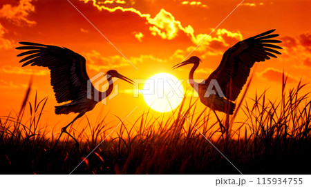 Couple of birds standing next to each other on top of field. 115934755