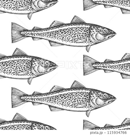 Vintage Style Cod Fish Seamless Pattern. Vector Hand Drawn Fish Background. High Quality Old Fashion Illustration Vintage Style Cod Fish Seamless Pattern. Vector Hand Drawn Fish Background. High Quality Old Fashion Illustration 115934766
