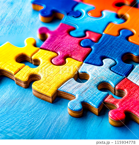 Group of multicolored puzzle pieces on blue...