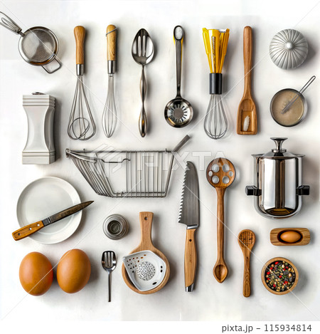 Collection of kitchen utensils and cooking utensils on white background. 115934814