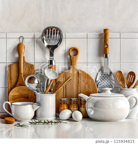 Collection of kitchen utensils and cooking utensils on counter. 115934815