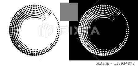 Abstract background with squares in circle. Art design spiral as logo or icon. A black figure on a white background and an equally white figure on the black side. Abstract background with squares in circle. Art design spiral as logo or icon. A black figure on a white background and an equally white figure on the black side. 115934875