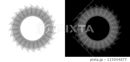 Many lines in a circle. Chaos and order concept. A black figure on a white background and the same white figure on the black side. Many lines in a circle. Chaos and order concept. A black figure on a white background and the same white figure on the black side. 115934877