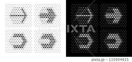 Modern abstract dotted arrows in hexagon shape. Black shapes on a white background and the same white shapes on the black side. Modern abstract dotted arrows in hexagon shape. Black shapes on a white background and the same white shapes on the black side. 115934915