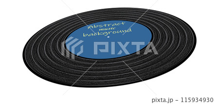 Close up of vinyl record. Perspective view to black record plate with blue label. 115934930
