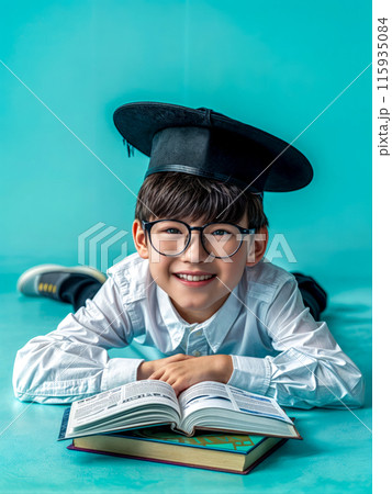 A young boy wearing a black graduation cap A young boy wearing a black graduation cap 115935084