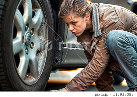 Woman working on car tire with her hand on the rim of the car. 115935085