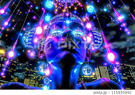 Digital painting of woman's face with city skyline in the background. 115935092