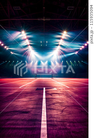 Tennis court with bright lights and bench in the middle of the court. 115935094