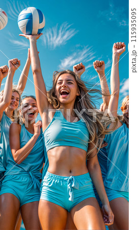 Group of women standing next to each other with their arms in the air. 115935095
