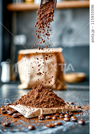Pile of ground coffee being poured into cup of coffee on top of table. 115935096