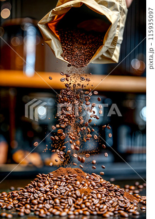 Bag of coffee being poured into pile of coffee beans on top of table. 115935097