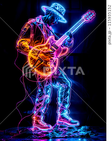 Man is playing guitar in neon lit room with neon light. 115935152