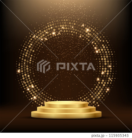 Golden podium with circle ring and glitter. Shining abstract background with gold elements. Yellow shiny circular stage. Modern futuristic graphic vector illustration. Glowing decoration 115935343