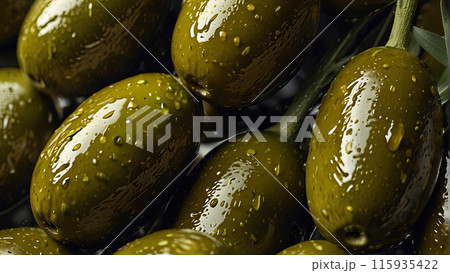 green olives with water droplets, highlighting their smooth texture and vibrant color 115935422