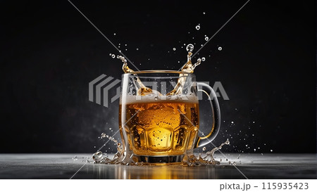 A glass of beer with foam is shown splashing dramatically against a dark background A glass of beer with foam is shown splashing dramatically against a dark background 115935423