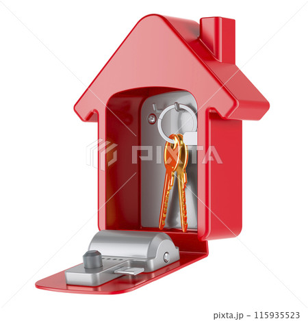 Opened security lock box with digit code and keys inside, for storage and transfer of keys. House shaped. 3D rendering 115935523