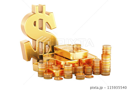 Dollar sign with golden coins and gold bars, 3D rendering Dollar sign with golden coins and gold bars, 3D rendering 115935540