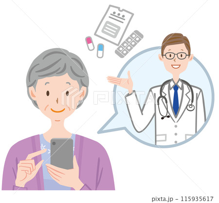 スマホでオンライン診療を受ける高齢女性　薬の説明をする医者 115935617