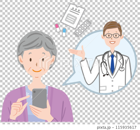 スマホでオンライン診療を受ける高齢女性　薬の説明をする医者 115935617