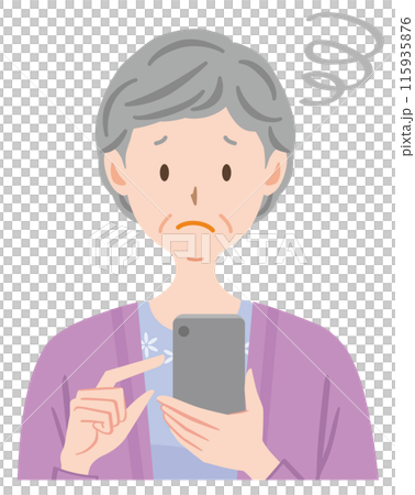 Elderly woman operating a smartphone: I don't know how to use it, I'm in trouble Elderly woman operating a smartphone: I don't know how to use it, I'm in trouble 115935876