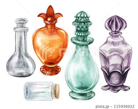 Vintage glass universal bottle with glass stopper. Watercolor illustration for template design of vase, liqueur, amaretto, perfume, oil, liquid, aromatherapy, drinks, alcohol, alchemy, magic, cooking. Vintage glass universal bottle with glass stopper. Watercolor illustration for template design of vase, liqueur, amaretto, perfume, oil, liquid, aromatherapy, drinks, alcohol, alchemy, magic, cooking. 115936022