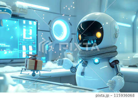 Idea for New Year's card, cyber snowman working as a programmer at a desk in a futuristic office, sending Merry Christmas greetings using drones 115936068